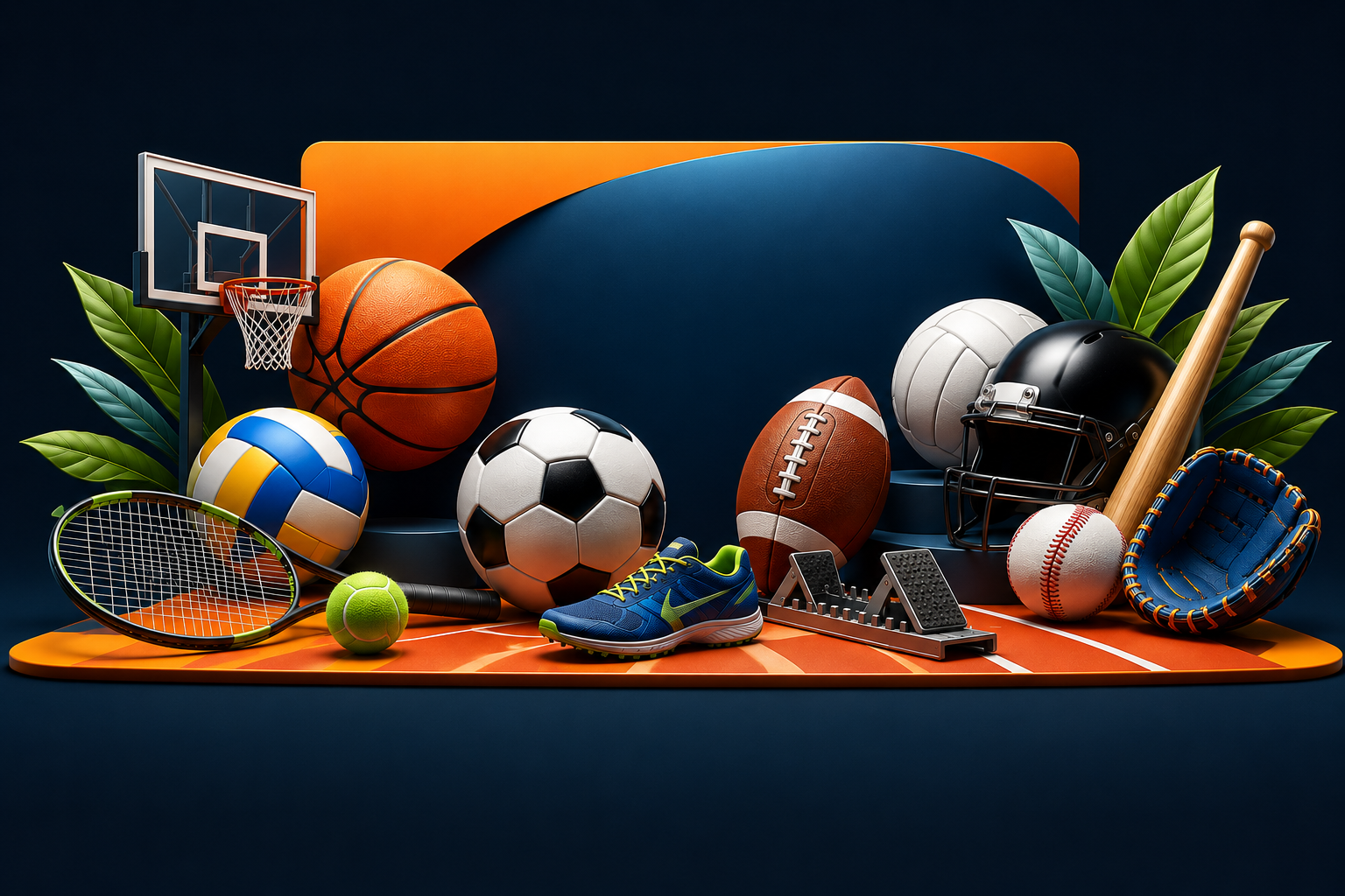 Equipamiento deportivo en 3D: balones, raqueta, casco y guante